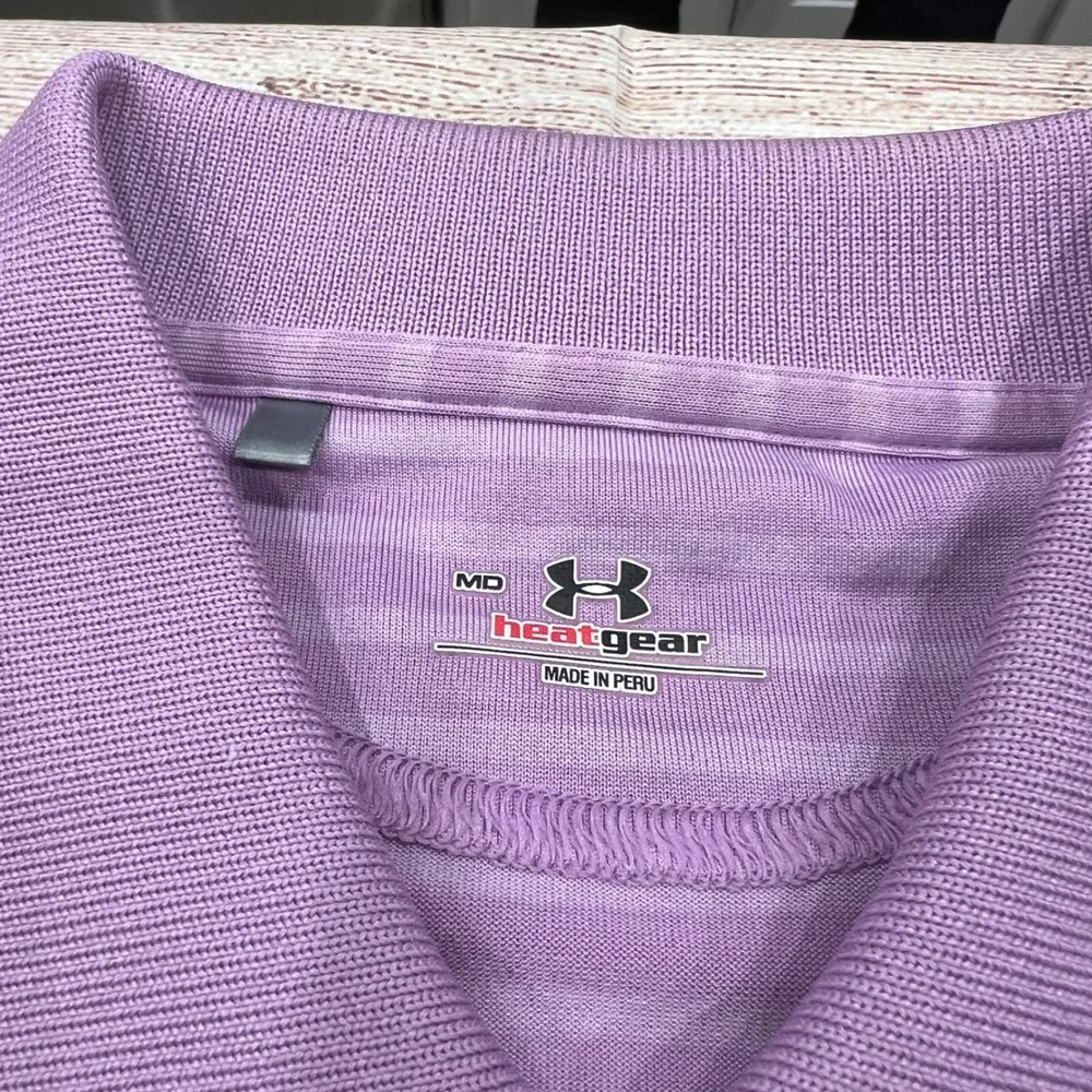 Under‎ Armour HeatGear Mens Lavender Stripe Golf Polo Shirt StoneRidge Logo MD - Picture 5 of 9